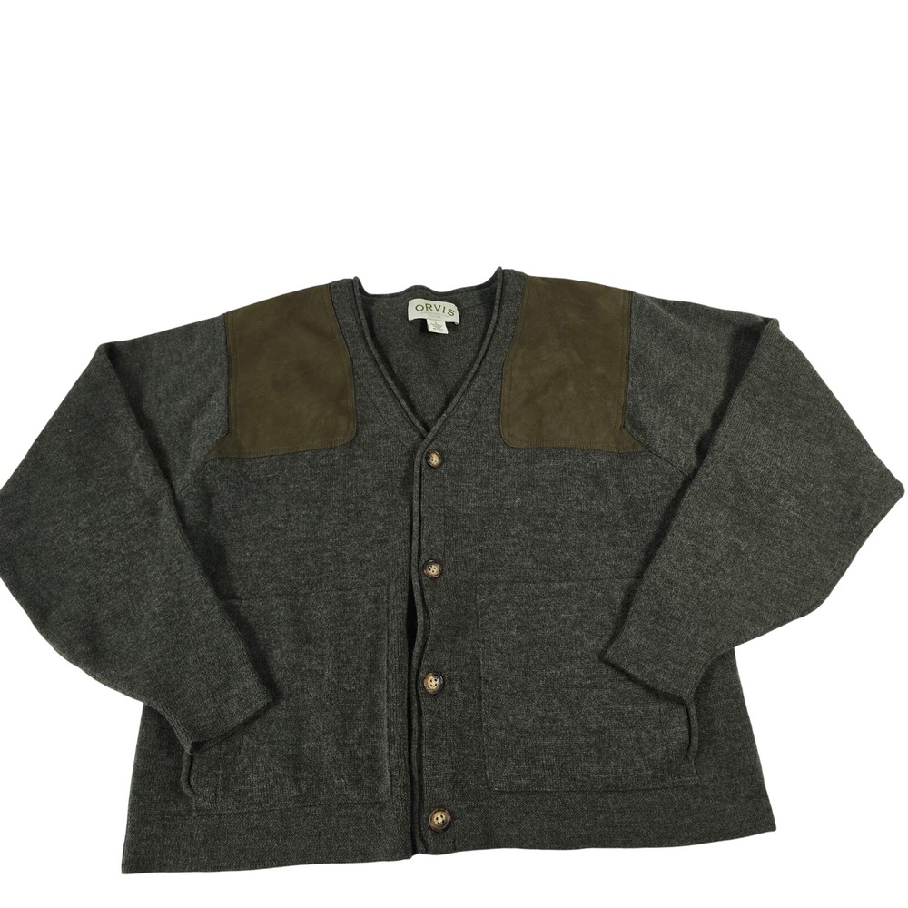 Orvis Mens Large Wool Shooting Cardigan Sweater‎ Gray Suede Patch 13798